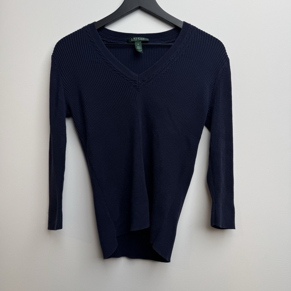 Lauren Ralph Lauren Blue Cable-Knit Cotton Pullover Sweater V-Neck M 3/4‎ Sleeve